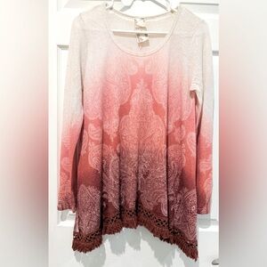 Blu Pepper Womens Size S Ivory Pink Ombre Paisley Oversized Fringe long sleeve